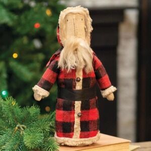 Primitive Christmas Santa Claus Stump Doll Red & Black Buffalo Homespun 12"‎ NEW